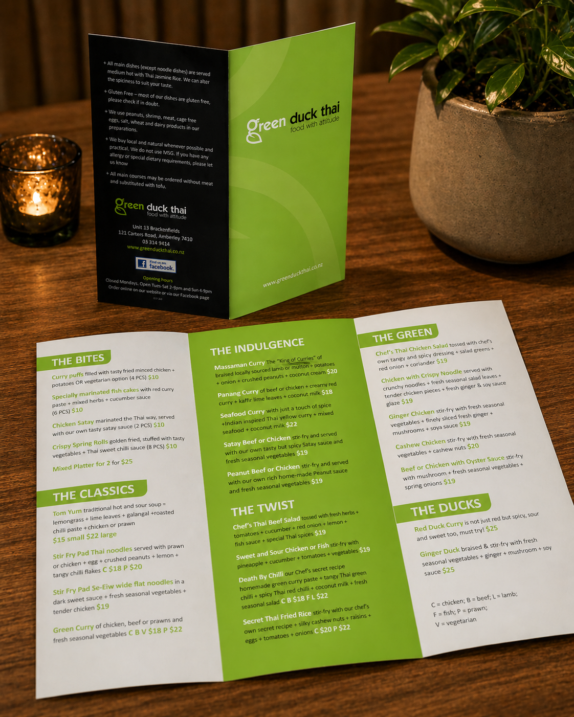 Green Duck Thai printed menu