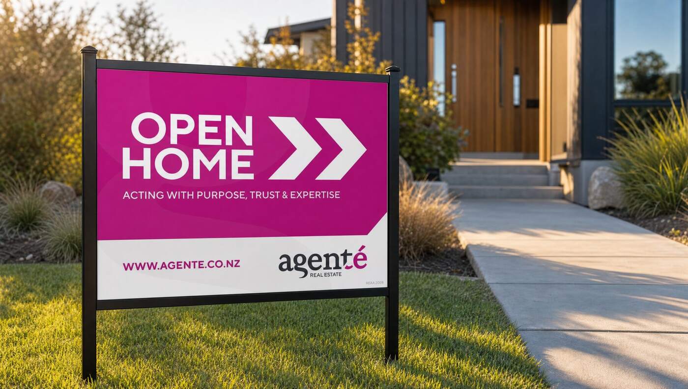Agenté Open Home sign in a frame on a front lawn