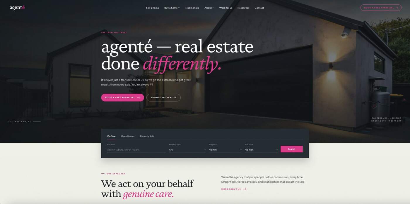Agenté website homepage — dark hero with listing search