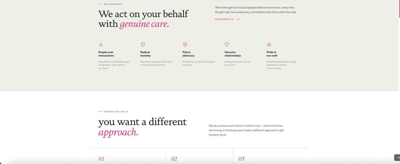 Agenté website — values and approach section